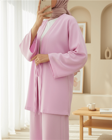 Önden Bağlamalı Pantolonlu Kimono Takım         -Pembe