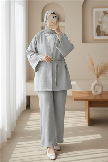 Önden Bağlamalı Pantolonlu Kimono Takım         -Açık Gri