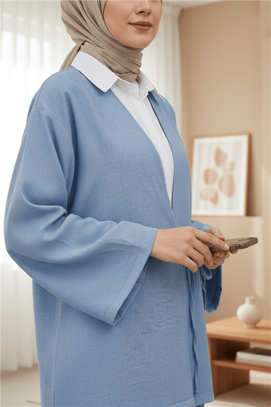 Önden Bağlamalı Pantolonlu Kimono Takım        -Mavi