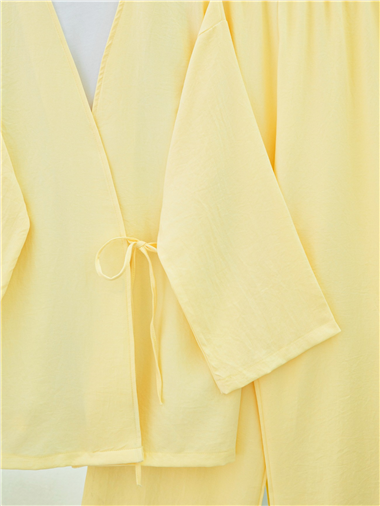 Önden Bağlamalı Pantolonlu Kimono Takım         -Açık Sarı