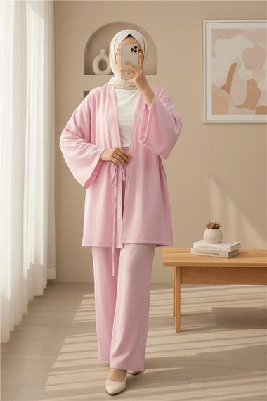 Önden Bağlamalı Pantolonlu Kimono Takım         -Pembe
