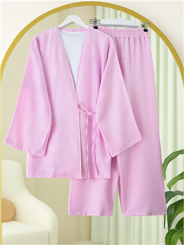 Önden Bağlamalı Pantolonlu Kimono Takım         -Pembe