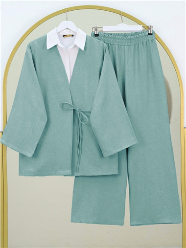 Önden Bağlamalı Pantolonlu Kimono Takım       -Su Yeşili