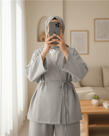 Önden Bağlamalı Pantolonlu Kimono Takım         -Açık Gri