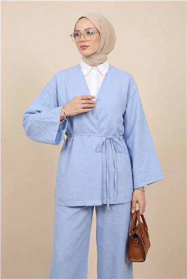 Önden Bağlamalı Pantolonlu Kimono Takım   -Bebe Mavi
