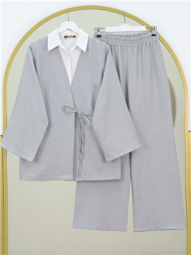 Önden Bağlamalı Pantolonlu Kimono Takım         -Açık Gri