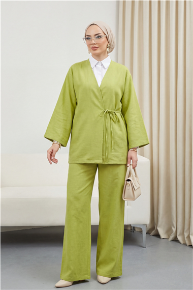 Önden Bağlamalı Pantolonlu Kimono Takım -Yağ Yeşili