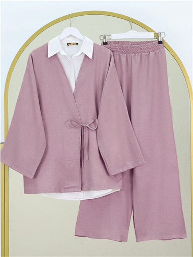 Önden Bağlamalı Pantolonlu Kimono Takım      -Pudra