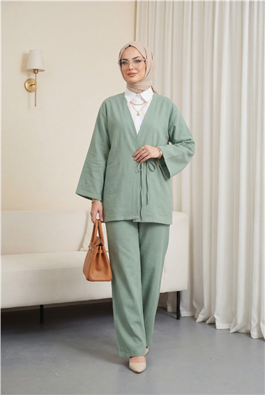 Önden Bağlamalı Pantolonlu Kimono Takım       -Su Yeşili
