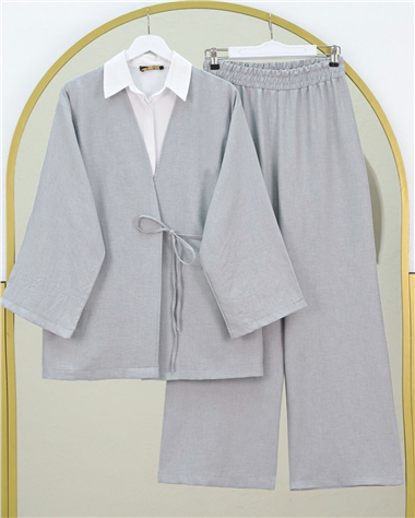 Önden Bağlamalı Pantolonlu Kimono Takım         -Açık Gri