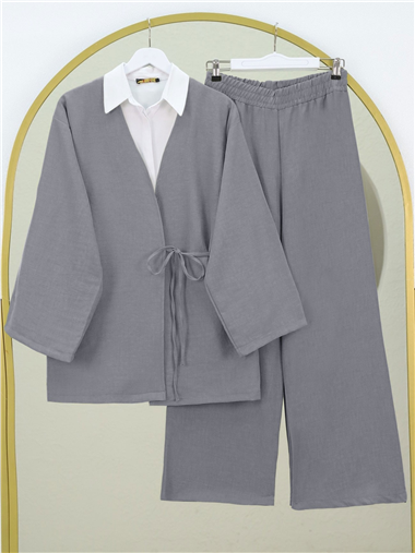 Önden Bağlamalı Pantolonlu Kimono Takım     -Koyu Gri