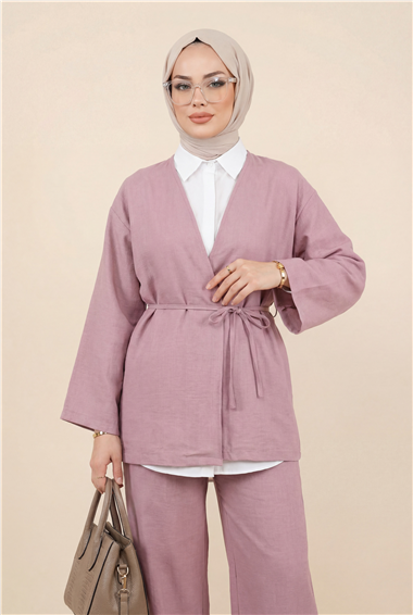 Önden Bağlamalı Pantolonlu Kimono Takım      -Pudra