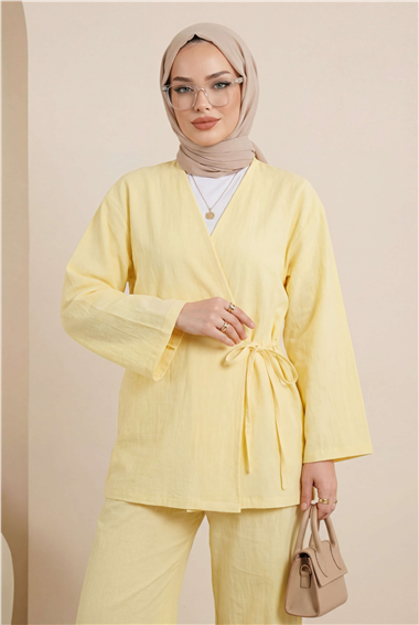 Önden Bağlamalı Pantolonlu Kimono Takım         -Açık Sarı