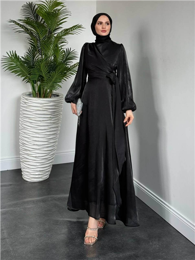 Önden Çapraz Bağlama Detaylı Janjan Kumaş Elbise -Siyah