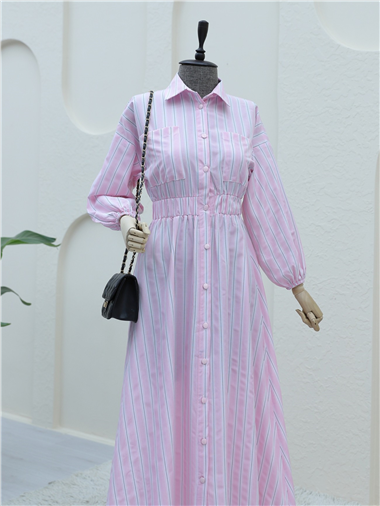 Önden Düğmeli Beli Lastikli Çizgili Elbise -Pembe