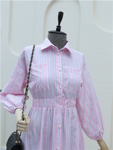 Önden Düğmeli Beli Lastikli Çizgili Elbise -Pembe