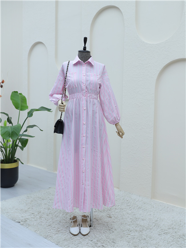 Önden Düğmeli Beli Lastikli Çizgili Elbise -Pembe