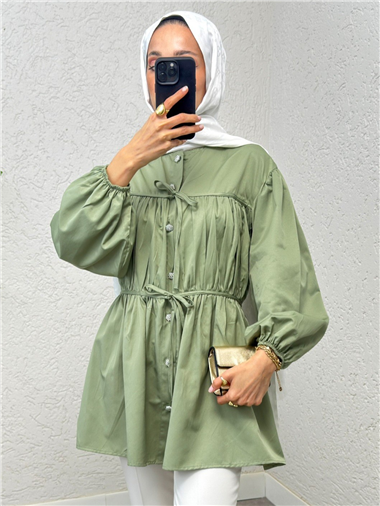 Önü Bağcık Detaylı Boydan Düğmeli Gömlek Tunik -Mint