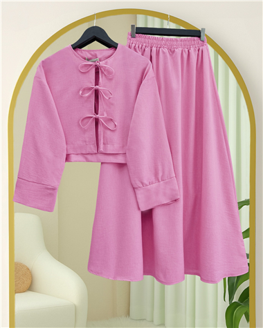 Önü Bağcıklı Beli Lastikli Etekli Keten Takım      -Pembe