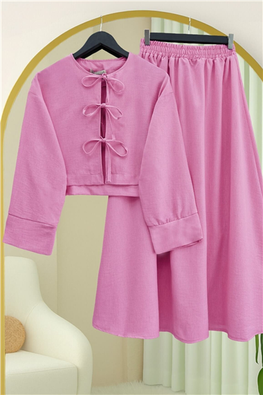 Önü Bağcıklı Beli Lastikli Etekli Keten Takım      -Pembe