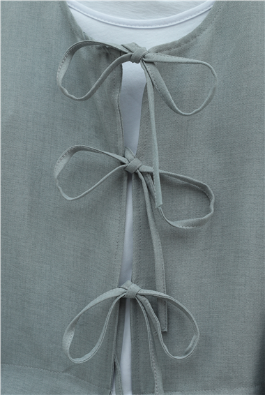 Önü Bağcıklı Beli Lastikli Etekli Keten Takım        -Gri