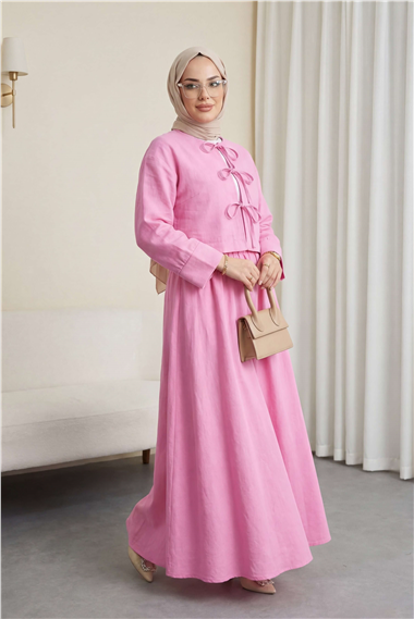 Önü Bağcıklı Beli Lastikli Etekli Keten Takım      -Pembe