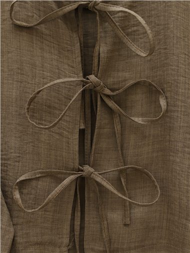 Önü Bağcıklı Beli Lastikli Etekli Keten Takım -Açık Kahve