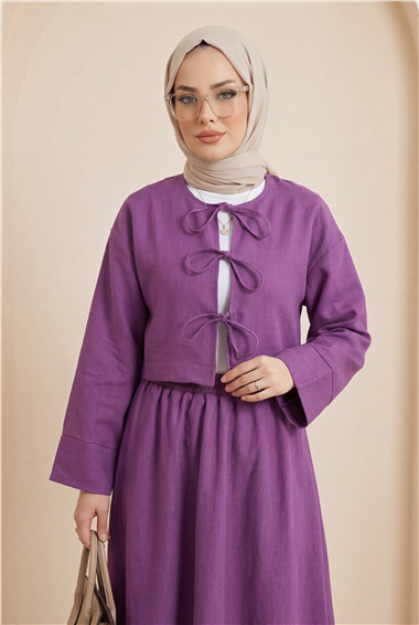 Önü Bağcıklı Beli Lastikli Etekli Keten Takım        -Mor