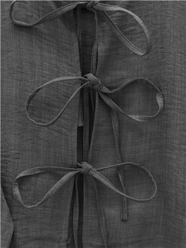 Önü Bağcıklı Beli Lastikli Etekli Keten Takım  -Antrasit