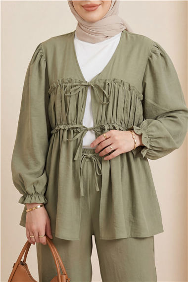 Önü Bağcıklı Büzgülü Kolu Lastikli Modal Takım  -Haki