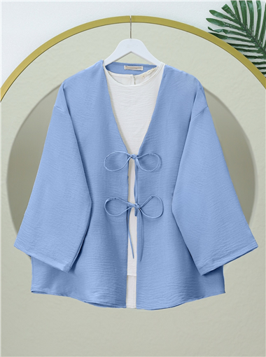Önü Bağcıklı Keten Kimono -Açık Mavi