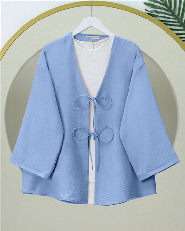 Önü Bağcıklı Keten Kimono -Açık Mavi