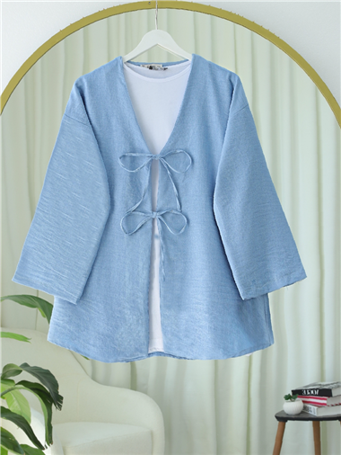 Önü Bağcıklı Keten Kimono -Açık Mavi