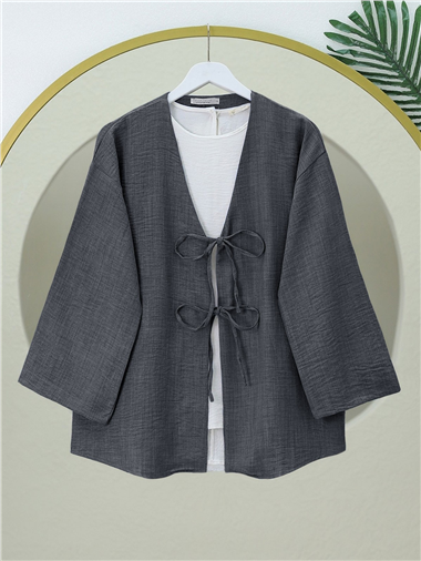 Önü Bağcıklı Keten Kimono   -Antrasit