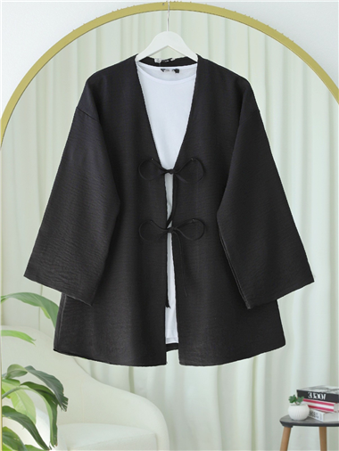 Önü Bağcıklı Keten Kimono -Siyah
