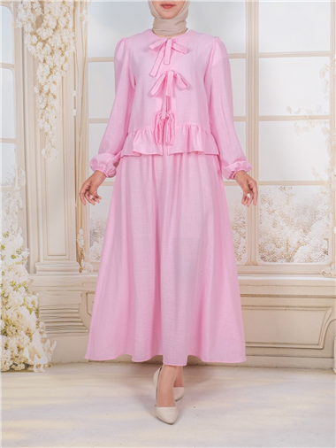 Önü Bağcıklı Kolu Lastikli Etekli Takım  -Pembe