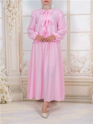 Önü Bağcıklı Kolu Lastikli Etekli Takım  -Pembe