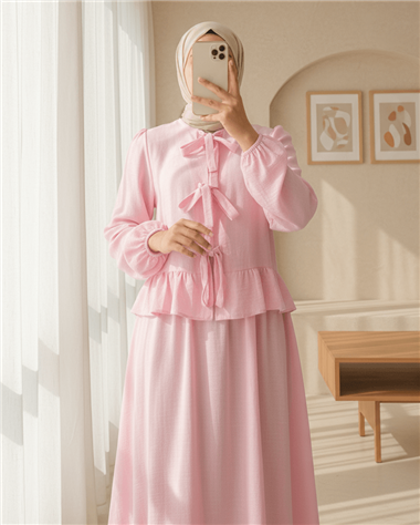 Önü Bağcıklı Kolu Lastikli Etekli Takım  -Pembe