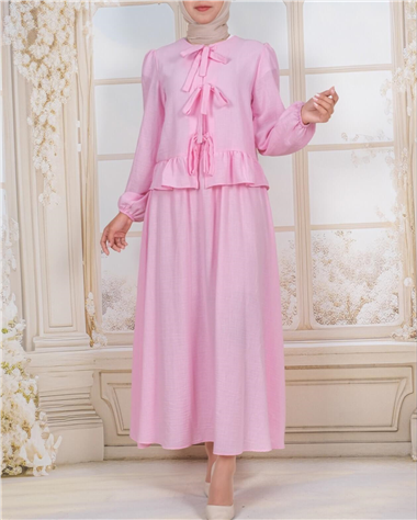 Önü Bağcıklı Kolu Lastikli Etekli Takım  -Pembe