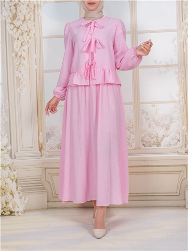 Önü Bağcıklı Kolu Lastikli Etekli Takım  -Pembe