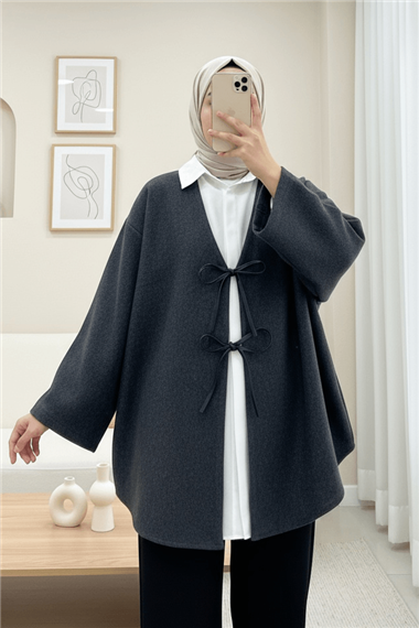 Önü Bağcıklı Oval Kesim Kaşe Kimono     -Antrasit