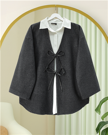 Önü Bağcıklı Oval Kesim Kaşe Kimono     -Antrasit