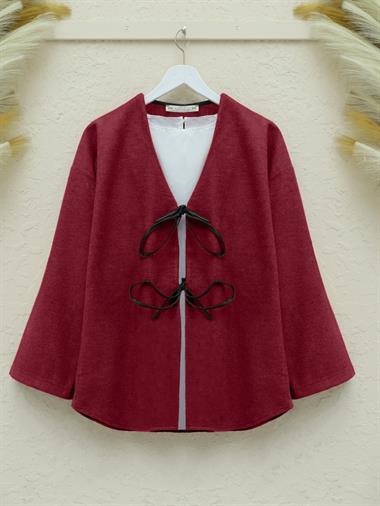 Önü Bağcıklı Oval Kesim Kaşe Kimono   -Bordo