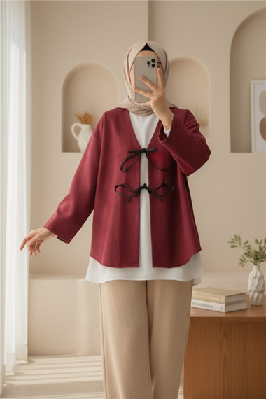Önü Bağcıklı Oval Kesim Kaşe Kimono   -Bordo