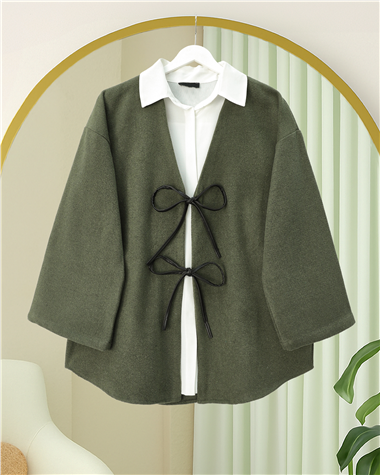 Önü Bağcıklı Oval Kesim Kaşe Kimono     -Haki