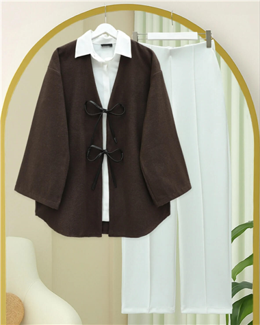 Önü Bağcıklı Oval Kesim Kaşe Kimono     -Kahve