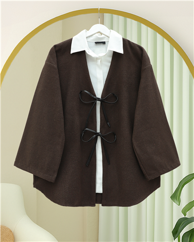 Önü Bağcıklı Oval Kesim Kaşe Kimono     -Kahve