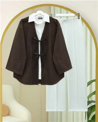Önü Bağcıklı Oval Kesim Kaşe Kimono     -Kahve