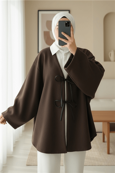 Önü Bağcıklı Oval Kesim Kaşe Kimono     -Kahve