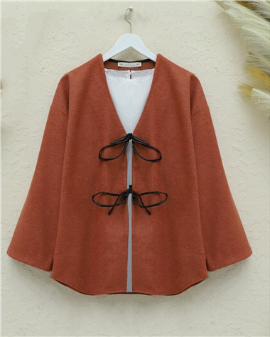 Önü Bağcıklı Oval Kesim Kaşe Kimono    -Kiremit